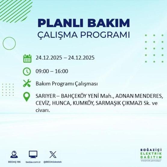 İSTANBULDA ELEKTRİK KESİNTİSİ OLAN İLÇELER 24 ARALIK 2025 | İstanbul’da Elektrik Kesintisi Saat Kaçta Bitecek Sarıyer, Fatih, Eyüpsultan...