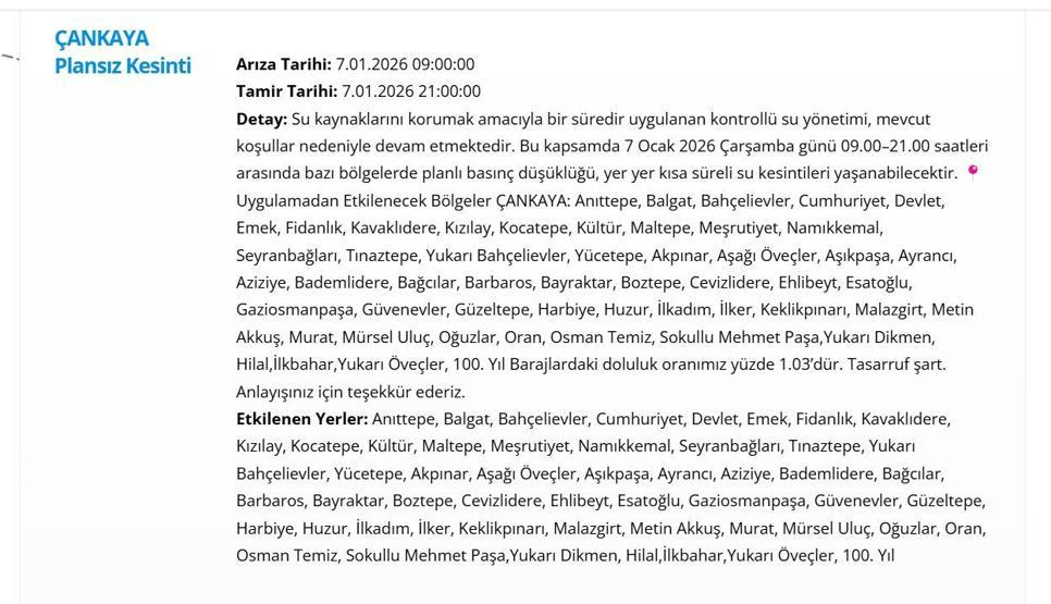 ASKİ ANKARA SU KESİNTİSİ 7 OCAK 2026: Ankara su kesintisi ne zaman bitecek Ankarada sular ne zaman gelecek 7 Ocak 2026 ASKİ Kesinti Listesi...