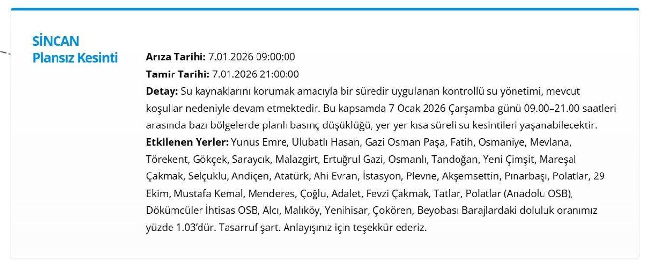 ASKİ ANKARA SU KESİNTİSİ 7 OCAK 2026: Ankara su kesintisi ne zaman bitecek Ankarada sular ne zaman gelecek 7 Ocak 2026 ASKİ Kesinti Listesi...