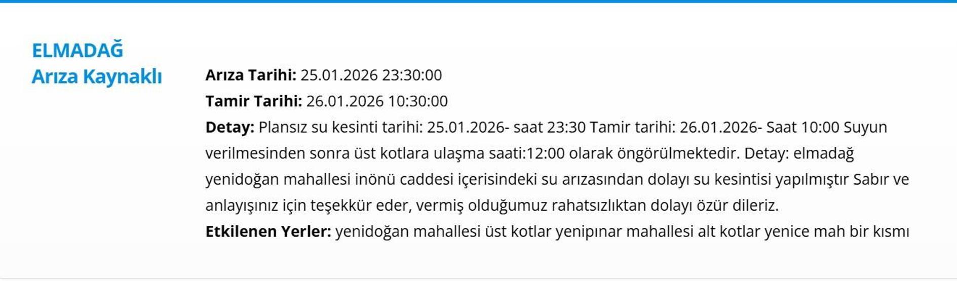 ASKİ SU KESİNTİSİ 26 OCAK| Ankarada Sular Ne Zaman Gelecek Elmadağ Su Kesinti Saatleri
