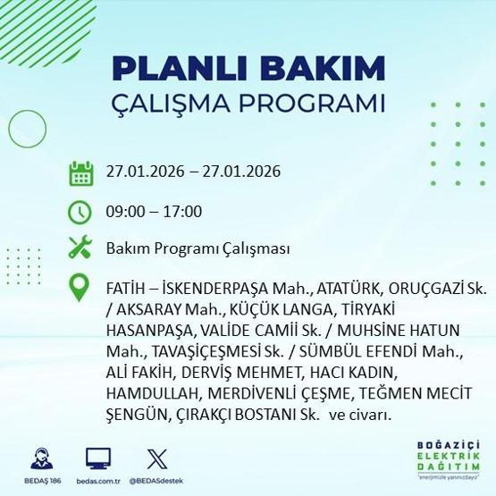 PLANLI ELEKTRİK KESİNTİSİ İSTANBUL 27 Ocakta İstanbul’da elektrikler ne zaman gelecek