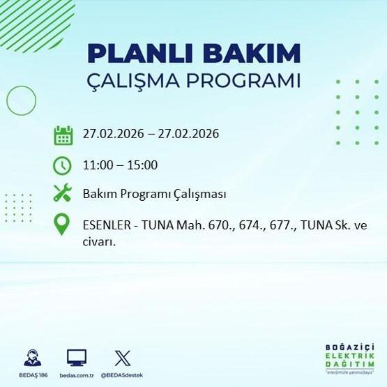 27 ŞUBAT İSTANBUL ELEKTRİK KESİNTİSİ İstanbulda 6-8 Saat Elektrik Kesintisi Yaşanacak BEDAŞ Duyurdu: İşte Etkilenecek İlçeler...