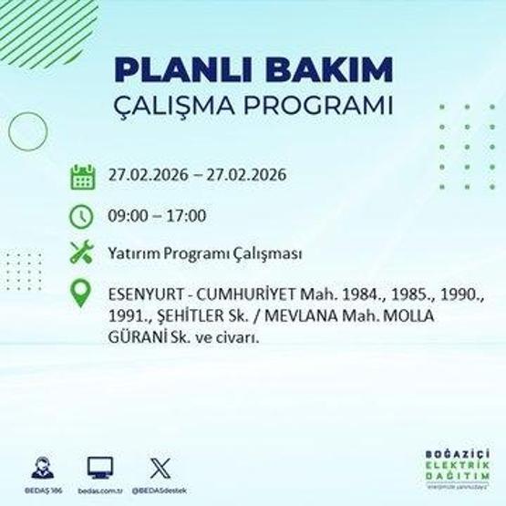 27 ŞUBAT İSTANBUL ELEKTRİK KESİNTİSİ İstanbulda 6-8 Saat Elektrik Kesintisi Yaşanacak BEDAŞ Duyurdu: İşte Etkilenecek İlçeler...