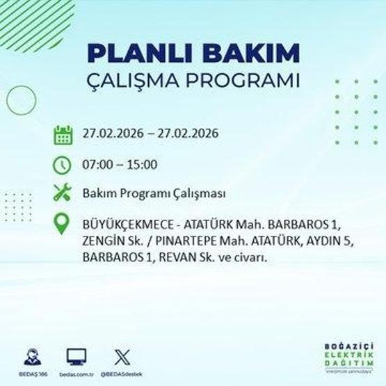 27 ŞUBAT İSTANBUL ELEKTRİK KESİNTİSİ İstanbulda 6-8 Saat Elektrik Kesintisi Yaşanacak BEDAŞ Duyurdu: İşte Etkilenecek İlçeler...