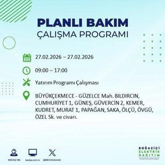 27 ŞUBAT İSTANBUL ELEKTRİK KESİNTİSİ İstanbulda 6-8 Saat Elektrik Kesintisi Yaşanacak BEDAŞ Duyurdu: İşte Etkilenecek İlçeler...