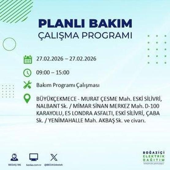 27 ŞUBAT İSTANBUL ELEKTRİK KESİNTİSİ İstanbulda 6-8 Saat Elektrik Kesintisi Yaşanacak BEDAŞ Duyurdu: İşte Etkilenecek İlçeler...
