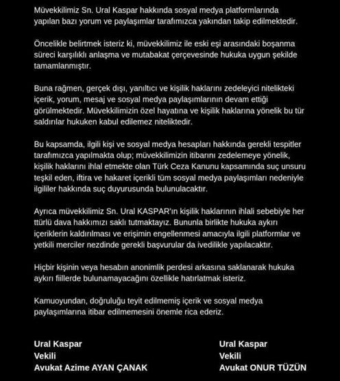 Işın Karacadan kızına kendi soyadını veren İrem Helvacıoğluna destek Ural Kaspar, avukatı aracılığıyla açıklama yaptı
