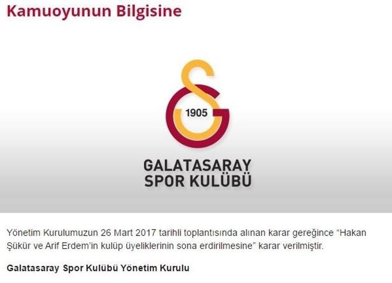 Galatasaray’da Hakan Şükür ve Arif Erdemin üyelikleri düşürüldü