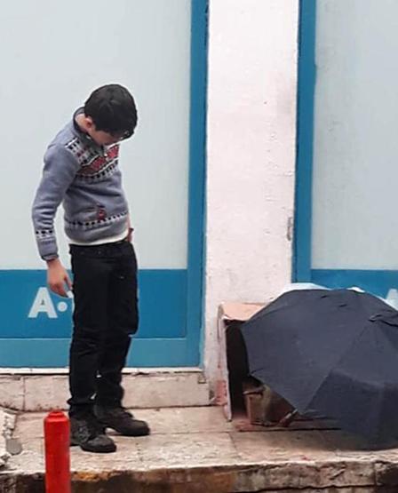 Şemsiyesiyle sokak köpeğini yağmurdan korudu