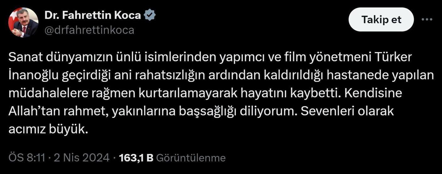 Bakan Koca acı haberi duyurdu Akasya Durağı, Cennet Mahallesi ve Arka Sokakların yapımcısı Türker İnanoğlu hayatını kaybetti