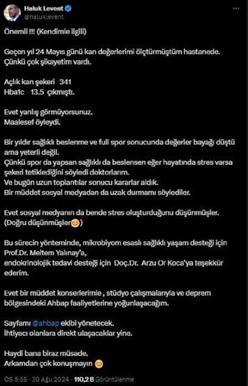 HALUK LEVENT KORKUTTU Önemli diyerek aldığı kararı açıkladı: Haydi bana biraz müsaade