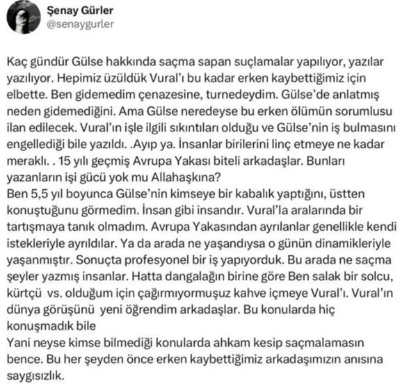 Vural Çelik paylaşımı tepki çekmişti Gülse Birsele Avrupa Yakasındaki rol arkadaşı Şenay Gürlerden destek