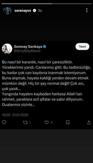 Serenay Sarıkayadan Bolu Kartalkayadaki facia sonrası duygulandıran paylaşım: YÜREKLERİMİZ YANDI