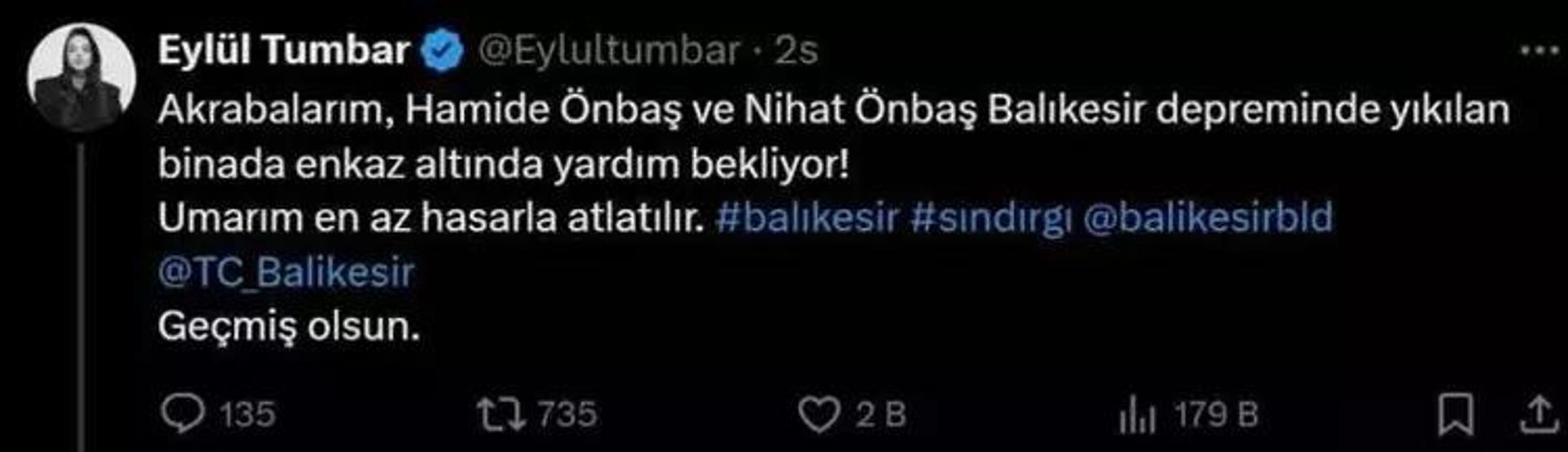 Oyuncu Eylül Tumbar Balıkesirdeki Depremde Amcasını Kaybetti Yardım Çağrısında Bulunmuştu