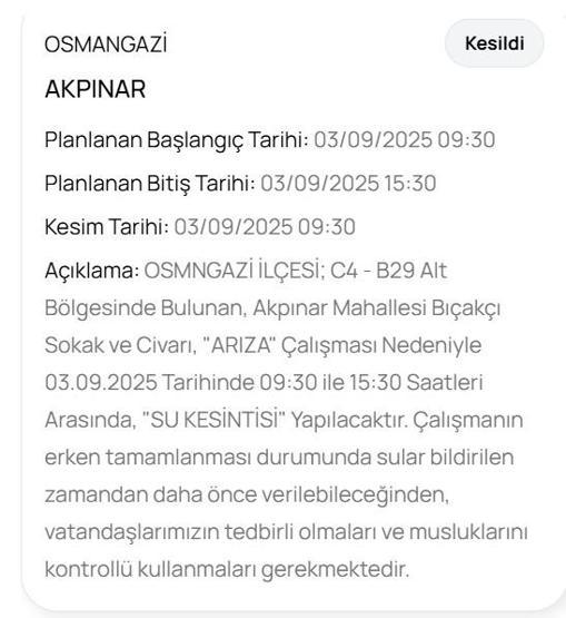 BUSKİ BURSA SU KESİNTİSİ: Bursada Sular Ne Zaman Gelecek 3 Eylül Bursa Su Kesintisi Ne Zaman Bitecek
