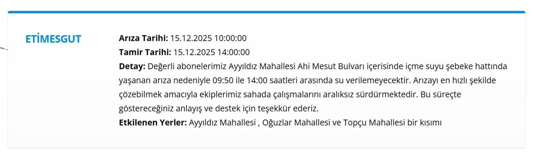 15 ARALIK ASKİ ANKARA SU KESİNTİSİ Ankara Su Kesintisi Hangi İlçelerde, Saat Kaçta Olacak Mamak’tan Etimesgut’a Detaylı Liste...