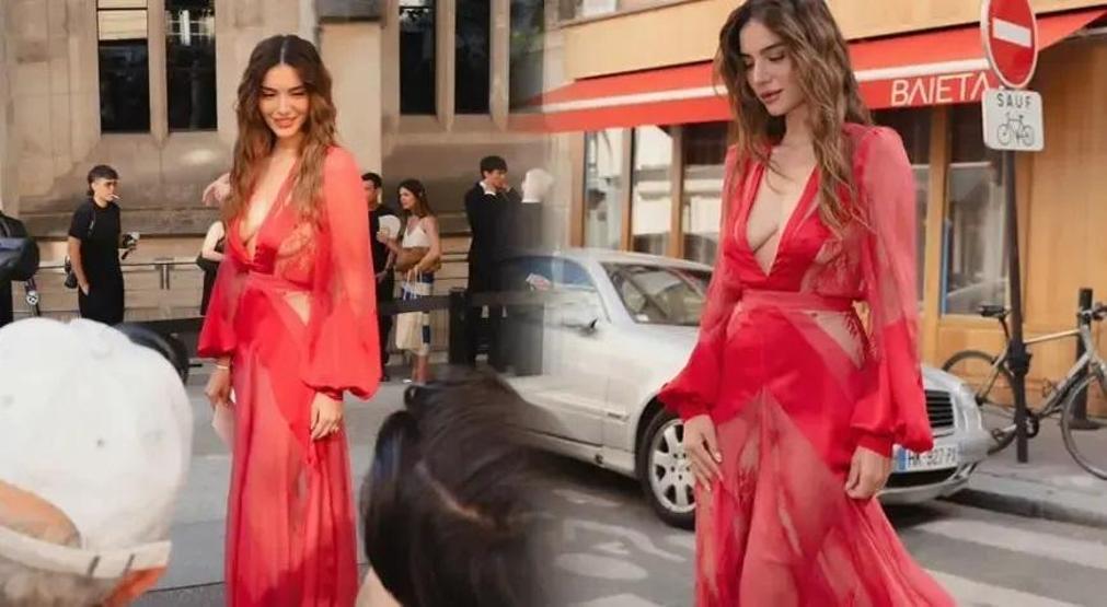 Melisa Aslı Pamuk, Paris Moda Haftasına damga vurdu Kırmızı transparan elbisesi sanal medyayı 2ye böldü