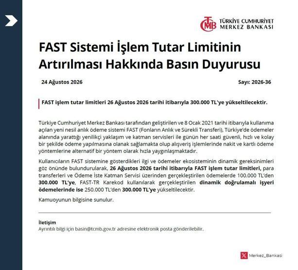 Merkez Bankası duyurdu: FAST para transferlerinde limit yükseldi