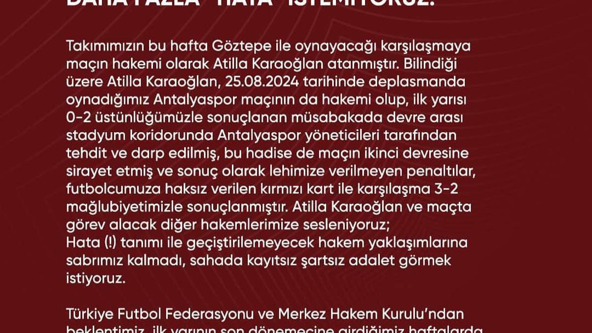 Hatayspor, hakem hatalarına dikkat çekti