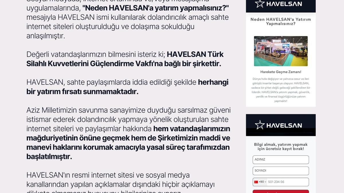 HAVELSAN'dan 'Sahte Yatırım Fırsatları' dolandırıcılığına karşı vatandaşlara uyarı