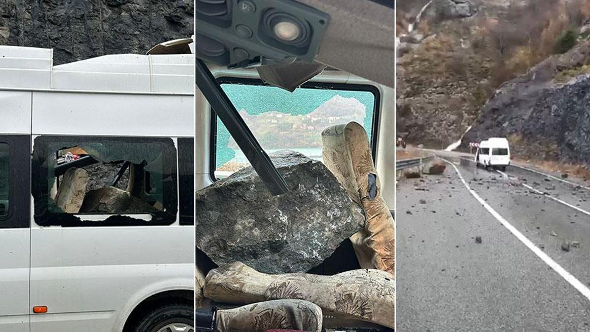 Minibüsün üzerine dev kayalar düştü: 3 kişi şans eseri kurtuldu