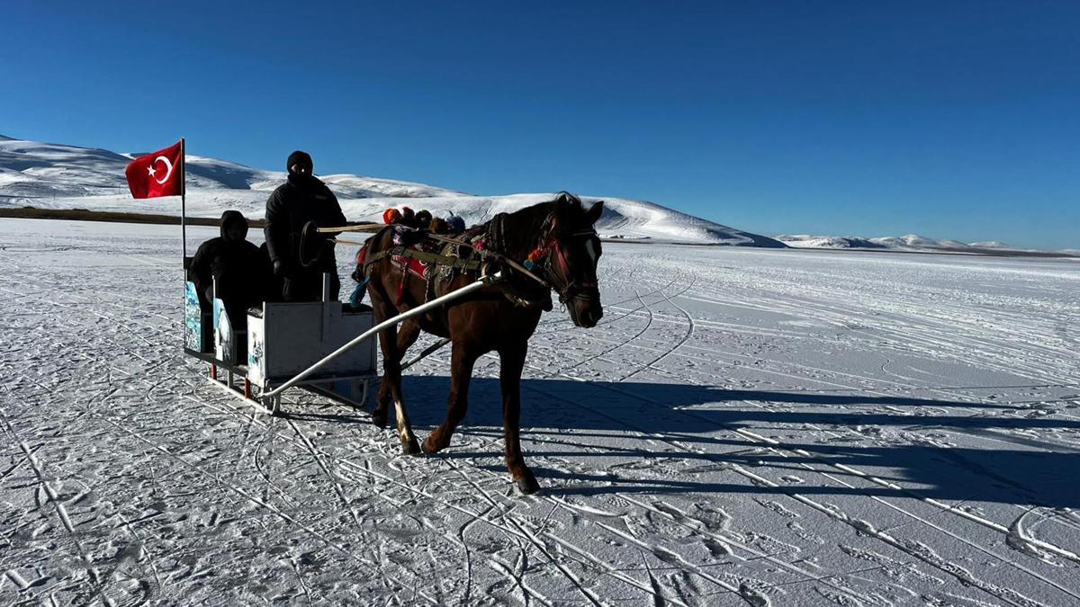 Çıldır Gölü'nde bir tarafta atlı kızak, bir tarafta buz pateni