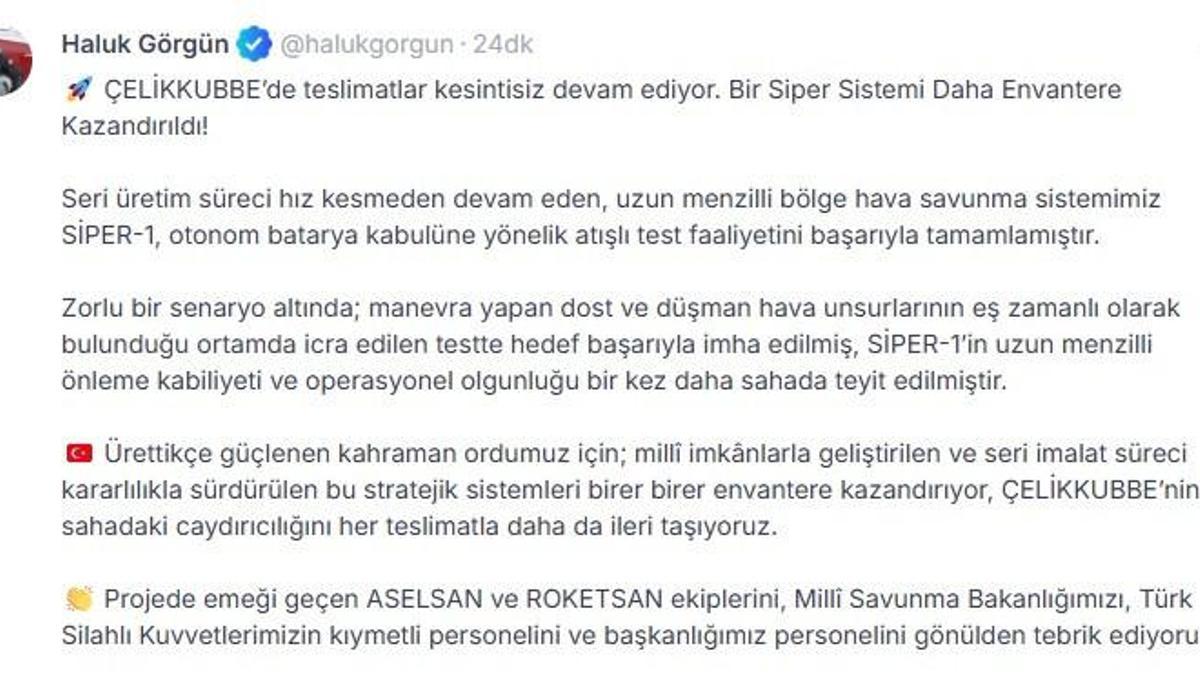 Haluk Görgün: ÇELİKKUBBE'ye bir Siper Sistemi daha eklendi