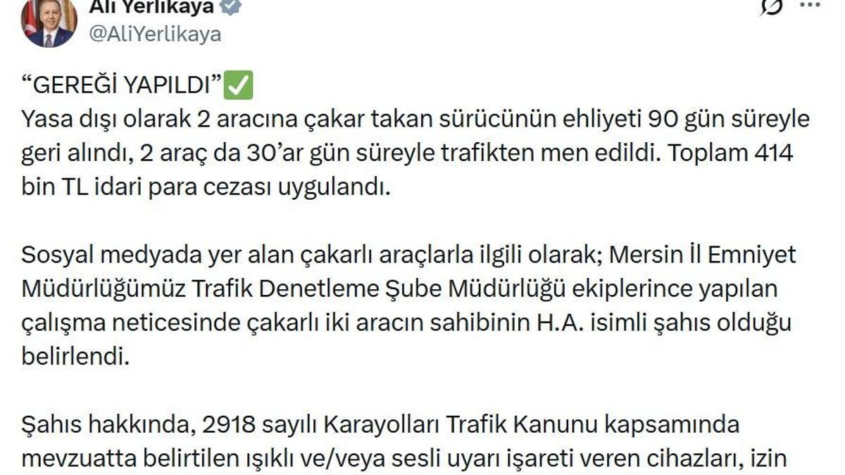 Mersin'de yasa dışı çakar kullanan sürücüye 414 bin TL ceza