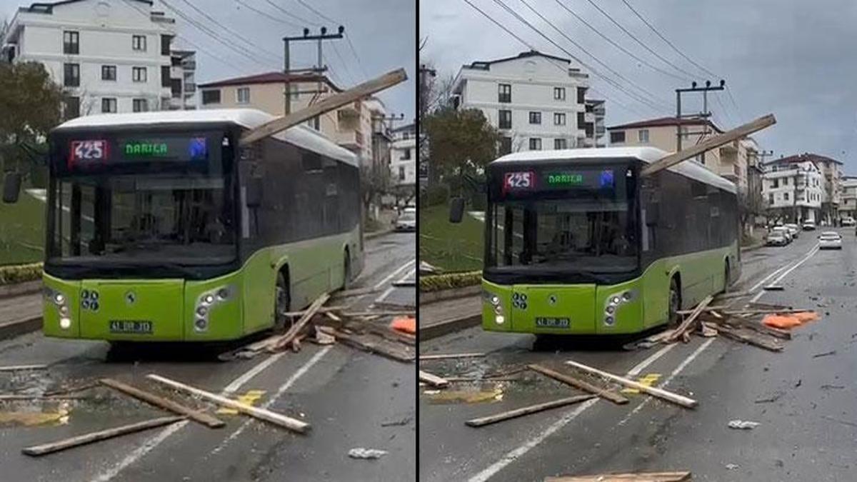Yer: Kocaeli! Korku dolu anlar: Çatıdan koptu otobüse saplandı!