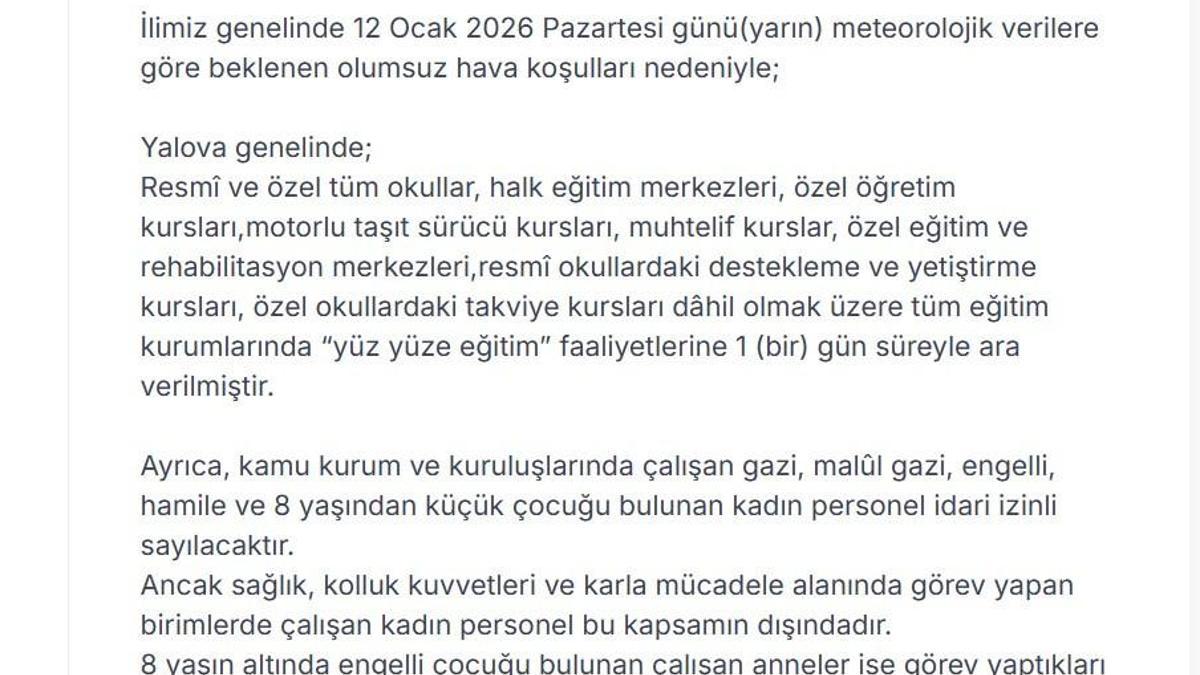 Yalovada eğitime 1 gün ara verildi