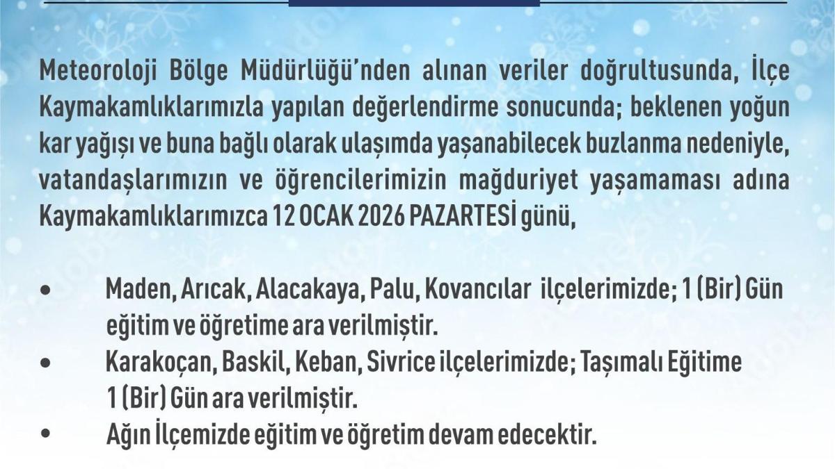 Elazığda eğitime kar engeli