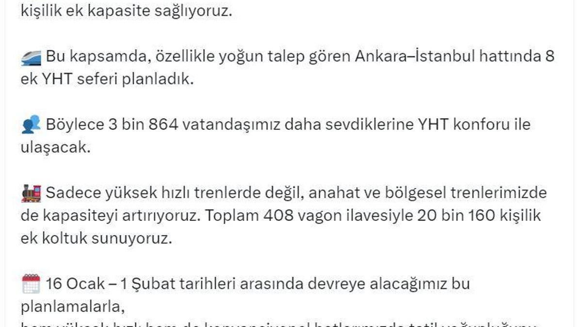 Bakan Uraloğlu: Ara tatilde trenlerimizde 24 bin 24 kişilik ek kapasite sağlıyoruz