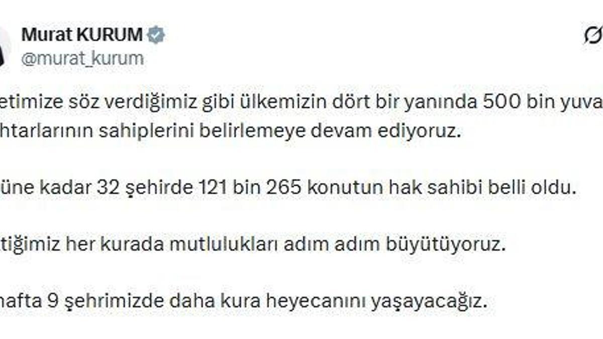 Bakan Kurum: 32 şehirde 121 bin 265 konutun hak sahibi belli oldu