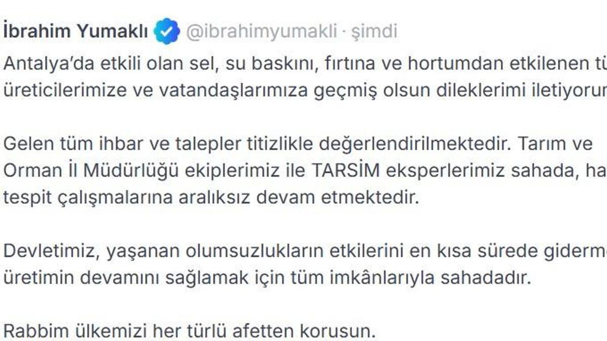 Bakan Yumaklı: Antalya'da sel ve fırtına sonrası hasat tespit çalışmaları sürüyor