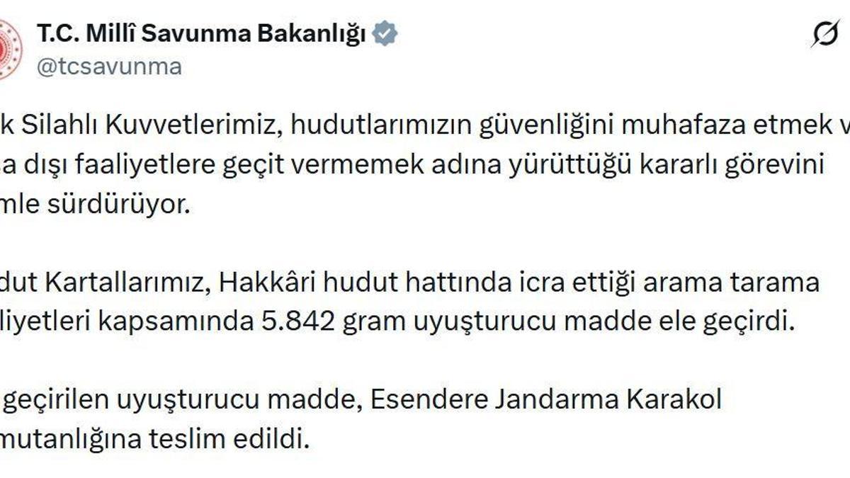 MSB: Hakkari'de 5 kilo 842 gram uyuşturucu ele geçirildi