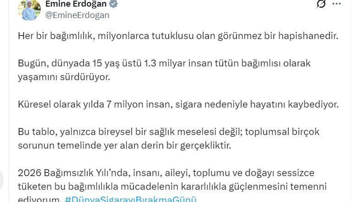 Emine Erdoğan'dan 'Dünya Sigarayı Bırakma Günü'ne ilişkin paylaşım