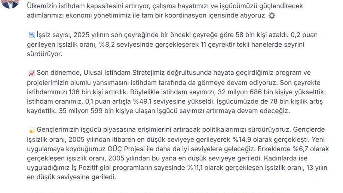 Bakan Işıkhan: İşsiz sayısı, bir önceki çeyreğe göre 58 bin kişi azaldı
