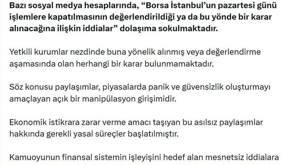 DMM'den 'Borsa İstanbul'un pazartesi günü işlemlere kapatılacağı iddialarına yalanlama