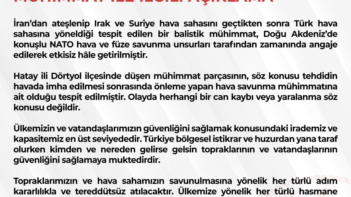 MSB: İran'dan ateşlenip Türk hava sahasına yönelen balistik mühimmat, etkisiz hale getirildi