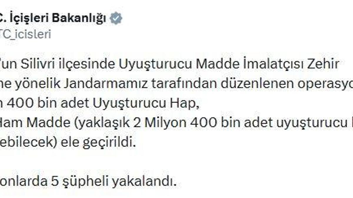 Silivri'de 1,4 milyon uyuşturucu hap ele geçirildi; 5 gözaltı