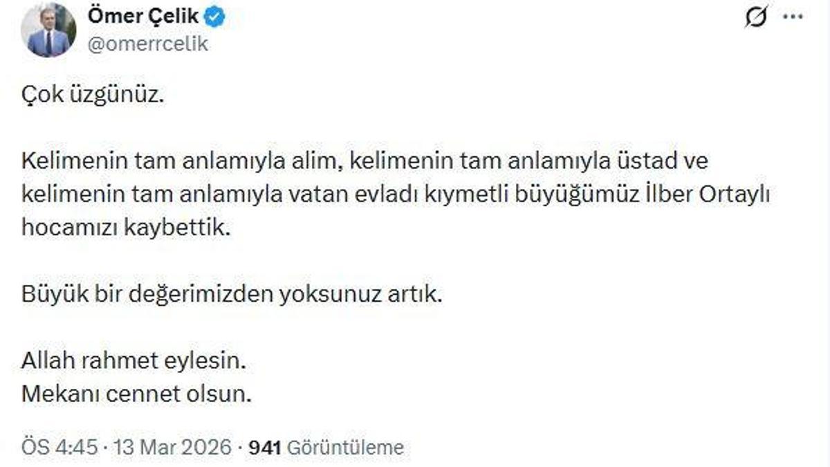 AK Parti Sözcüsü Çelik'ten İlber Ortaylı için taziye mesajı