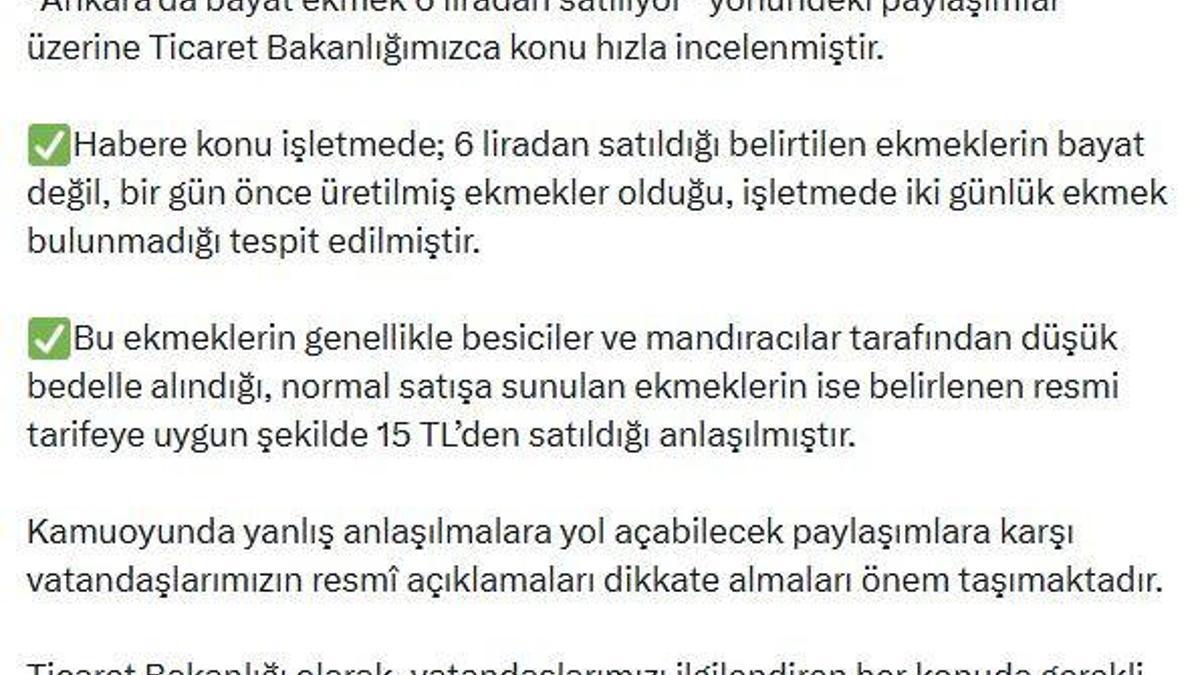 Bakanlıktan 'Bayat ekmek 6 liradan satılıyor' iddiasına açıklama