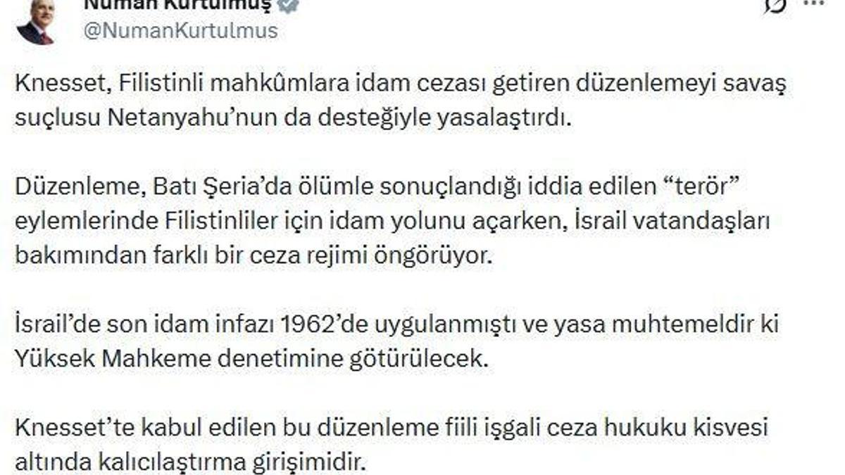 Kurtulmuş: Bir topluluğa idam, diğerine başka yaptırım öngören yaklaşım apaçık zulümdür