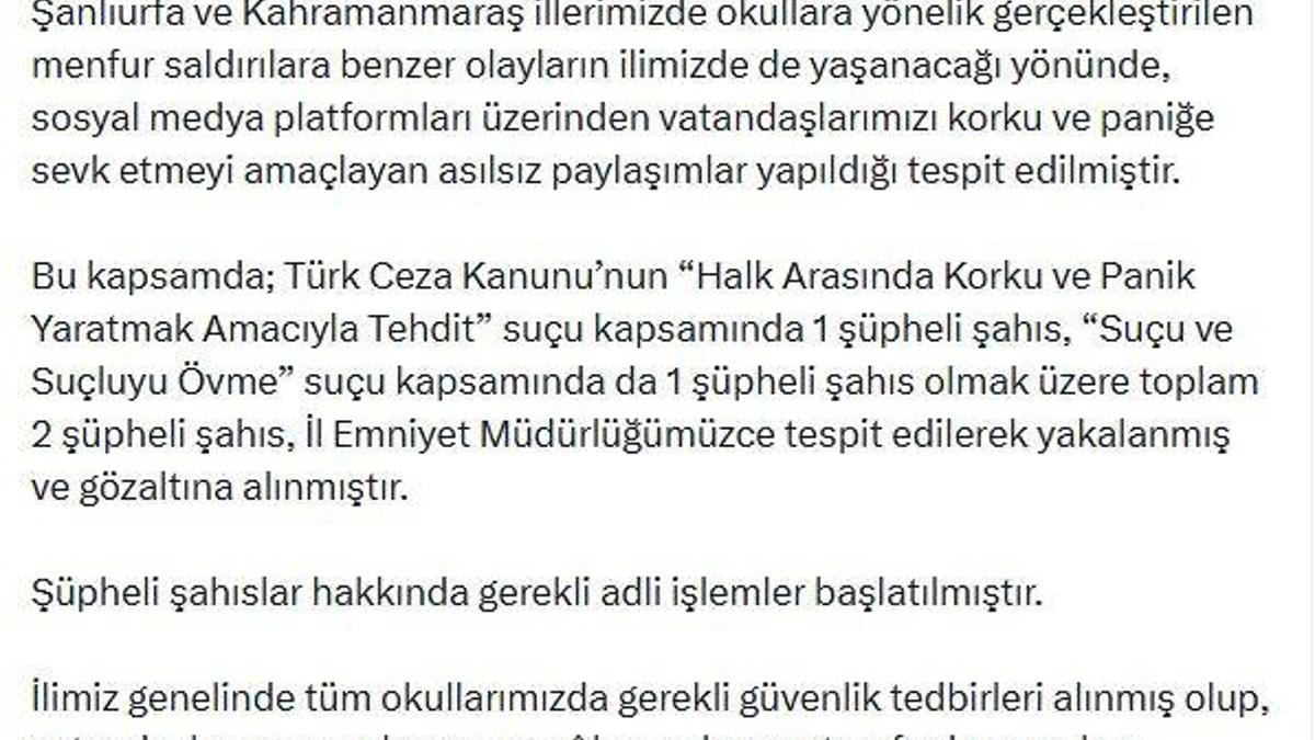 Denizli'de okul saldırılarıyla ilgili yanıltıcı paylaşımlar yapan 2 şüpheli gözaltına alındı