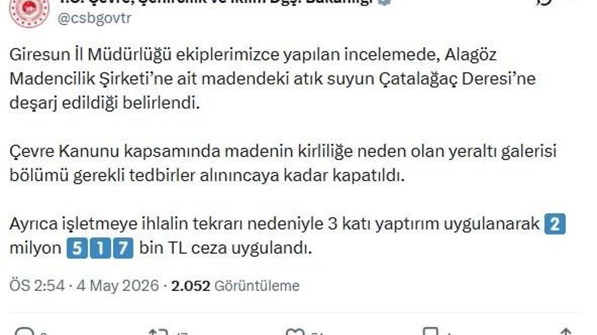 Giresun'da dereyi kirleten maden şirketine 2 milyon 517 bin TL ceza