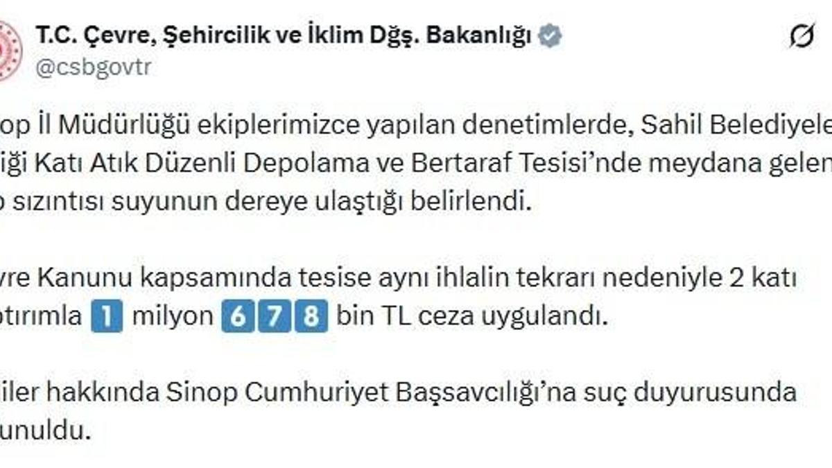 Sinop'ta dereyi kirleten katı atık tesisine ceza