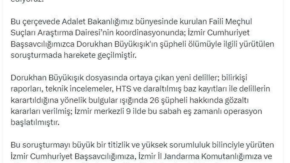 ‘Dorukhan Büyükışık' soruşturmasında İzmir merkezli operasyon: 26 kişiye gözaltı kararı
