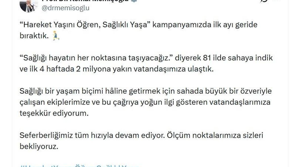Bakan Memişoğlu: 'Hareket Yaşını Öğren, Sağlıklı Yaşa' kampanyamızda 2 milyona yakın vatandaşımıza ulaştık haber görseli
