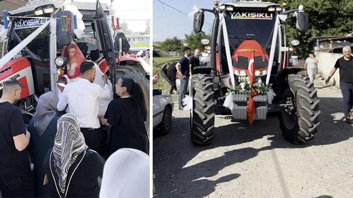 Osmaniye'de evlenen çiftçi Avni Doğan ve Özden Doğan, gelin arabası olarak süsledikleri traktörle düğünlerine giderken görünüyor.