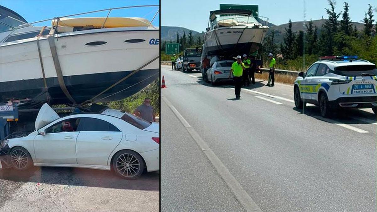 İzmir-Çeşme Otoyolu'nda bir otomobilin çekici üzerindeki tekneye arkadan çarparak altına girdiği kaza anı.
